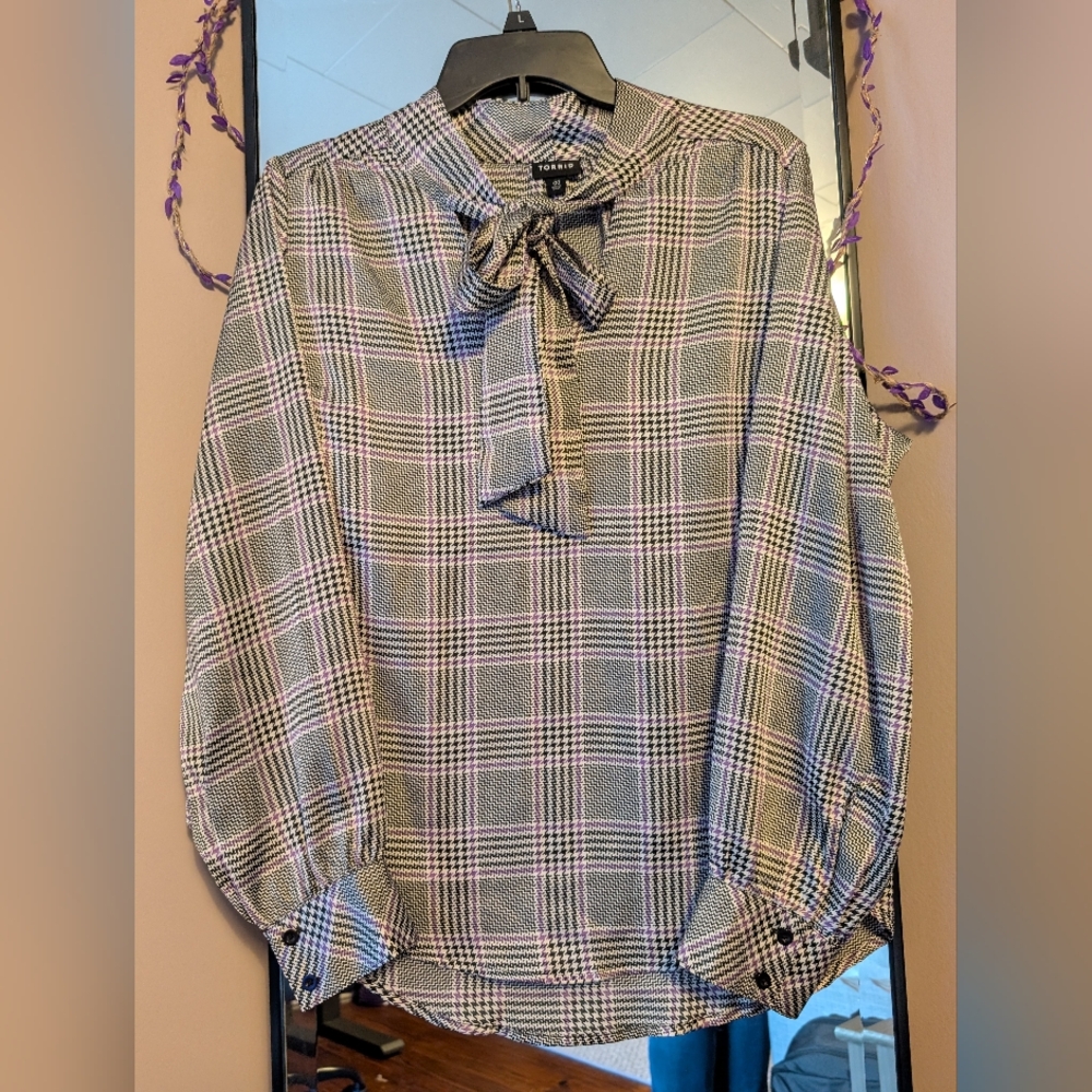 Torrid Black and Purple Satin Tie Neck Blouse